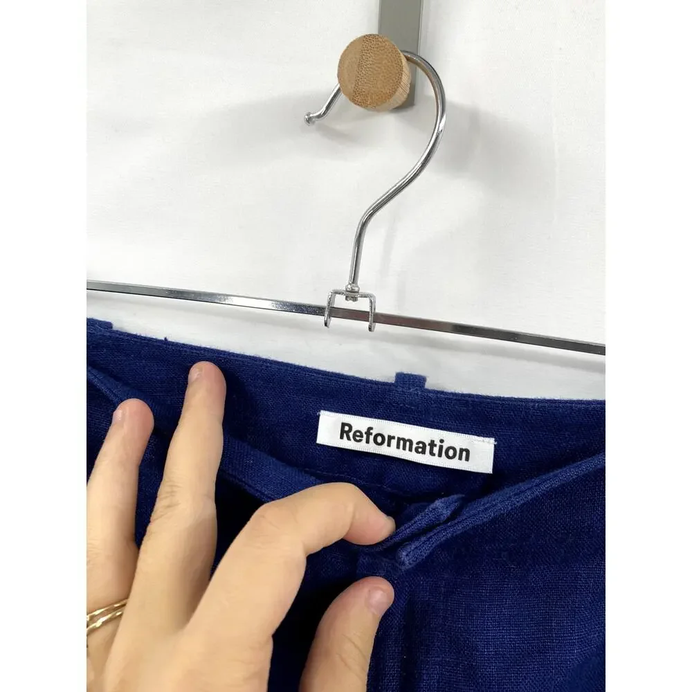 Reformation 0 blue linen wide leg raw hem pants